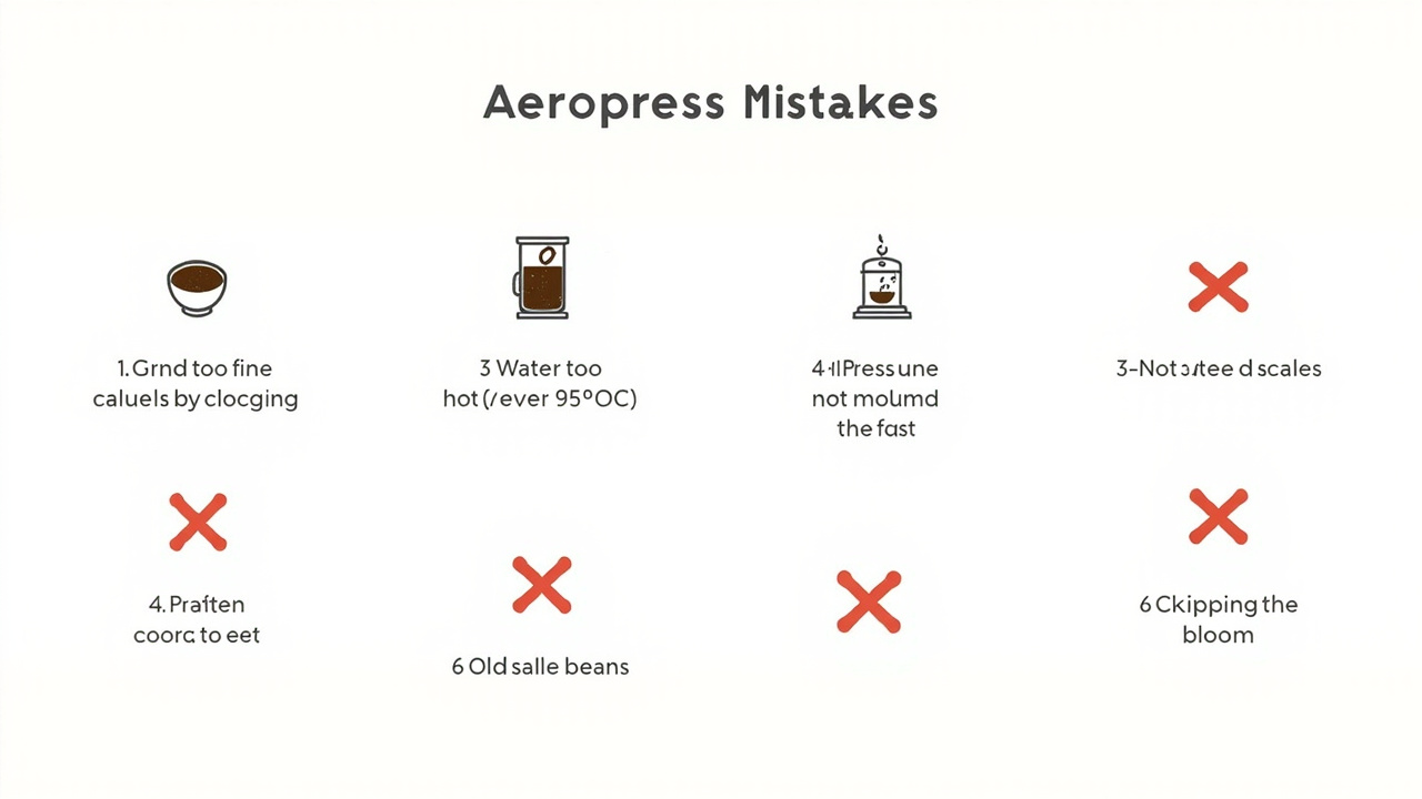 Common Aeropress mistakes illustrated: a too-fine grind causing clogging, a rushed press, and wrong water temperature shown as steaming or lukewarm water