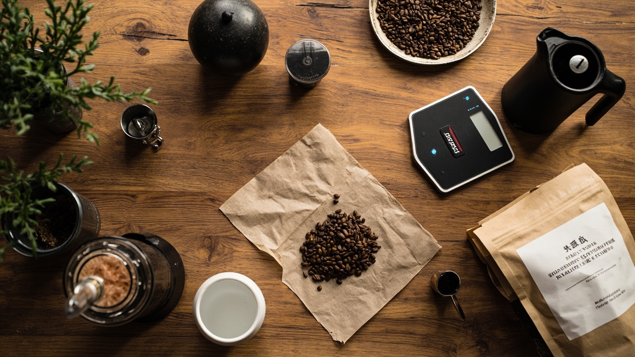 Aeropress equipment setup on a wooden counter: Aeropress, burr grinder, gooseneck kettle, digital scale, and metal filter