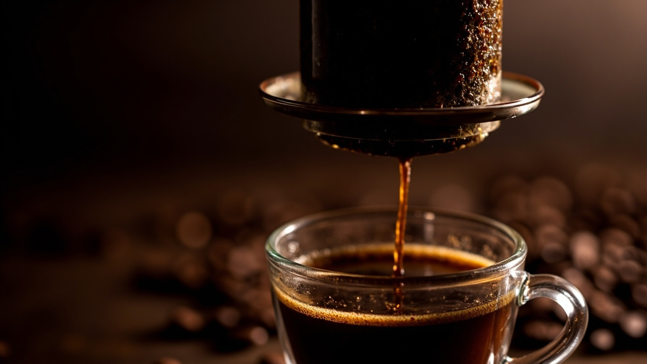 Aeropress espresso-style shot with visible crema being pressed into a small espresso cup