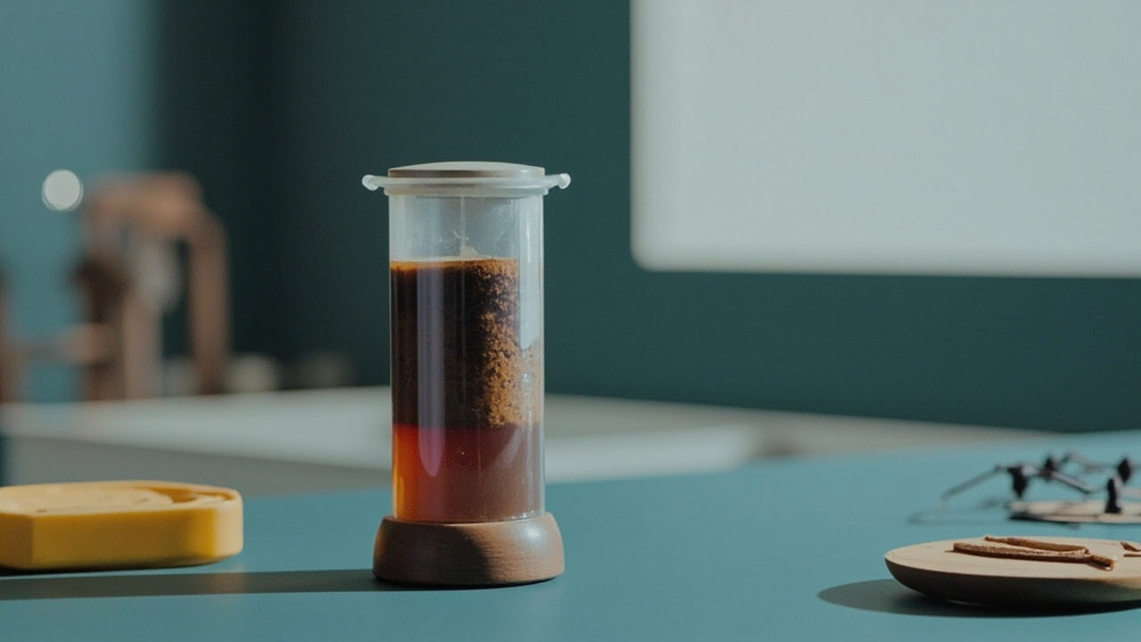 Immersion brew Aeropress with timer showing long steep time, placed over a glass of ice and milk
