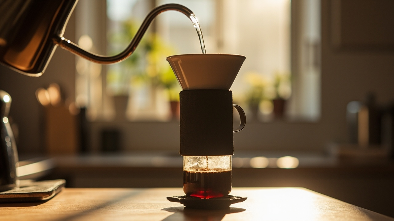 Inverted Aeropress setup showing the brewer flipped upside down with plunger facing up and coffee steeping