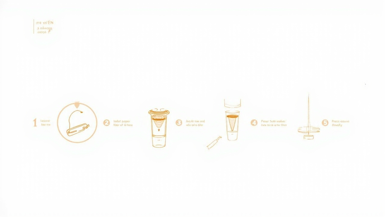 Step by step of the standard Aeropress method: filter rinse, coffee grounds added, water poured, plunger inserted, press