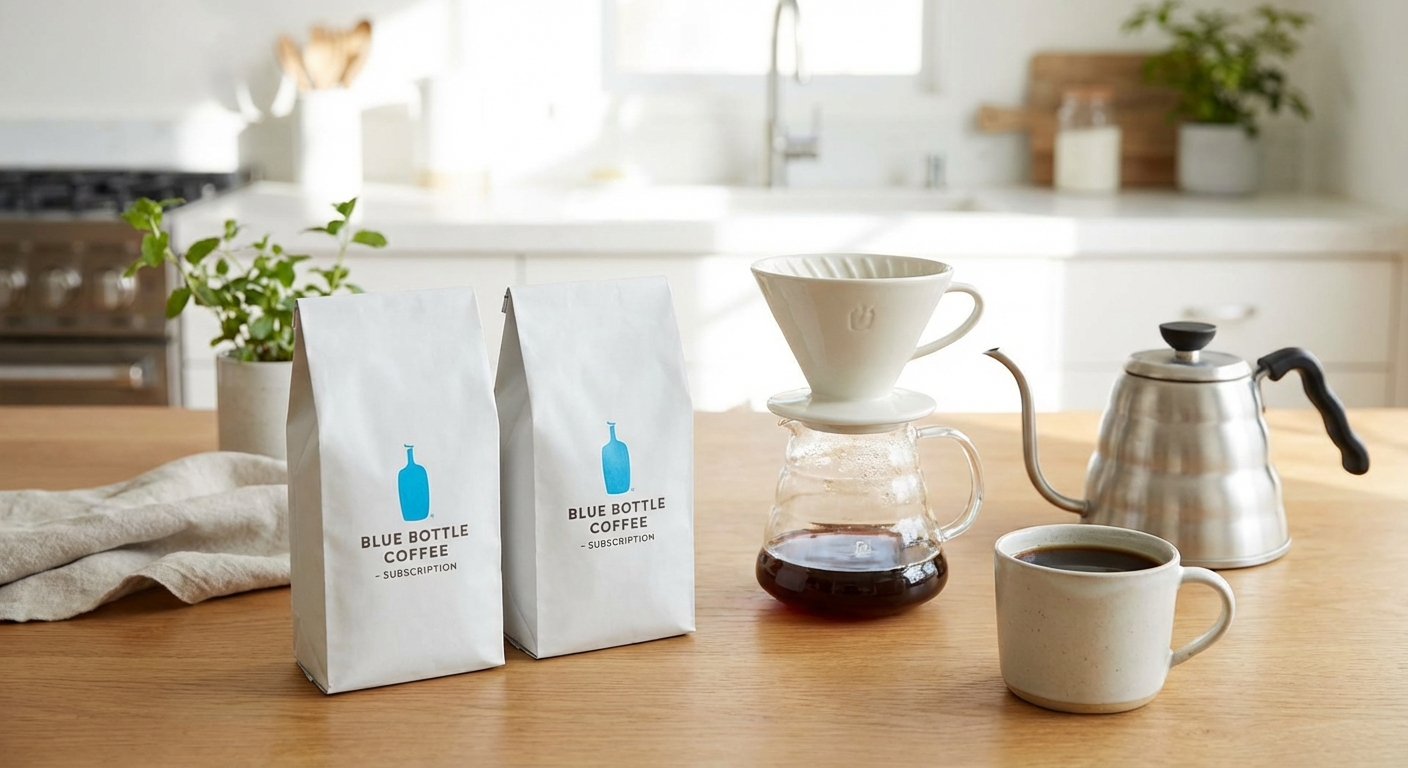 Blue Bottle subscription with brewing guide card and pour-over setup