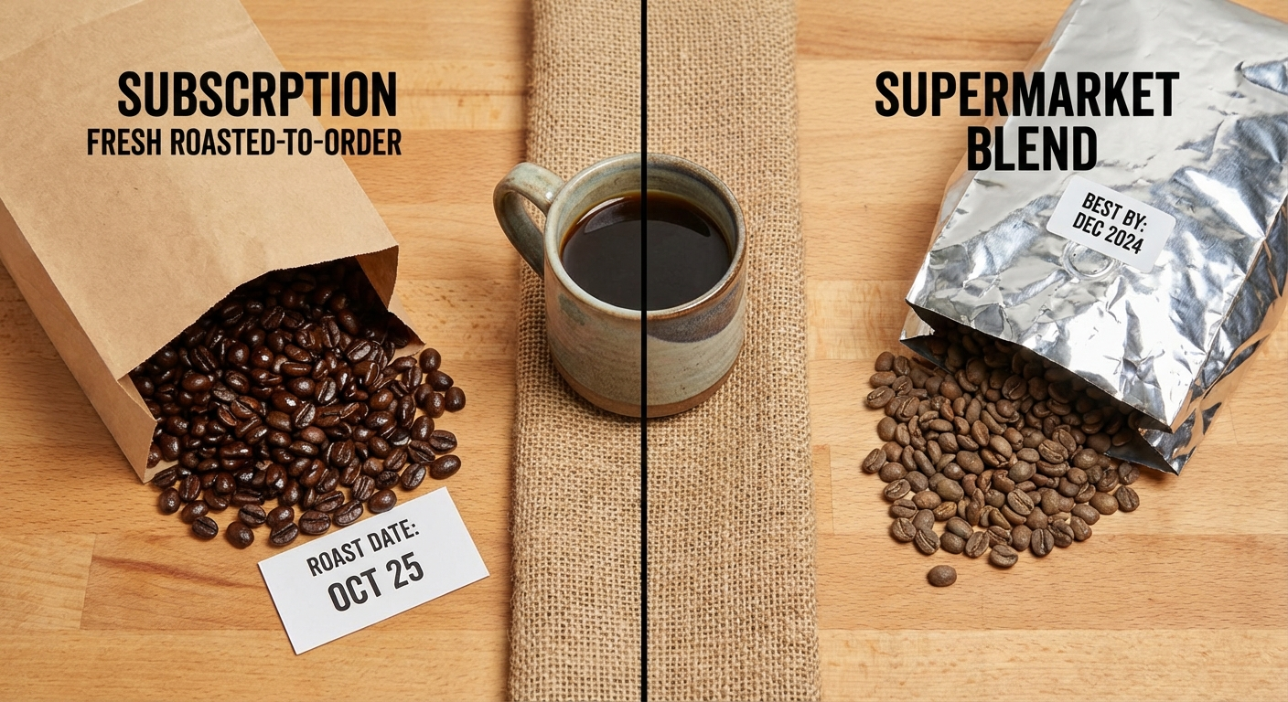 Roast date comparison between grocery store coffee and subscription coffee