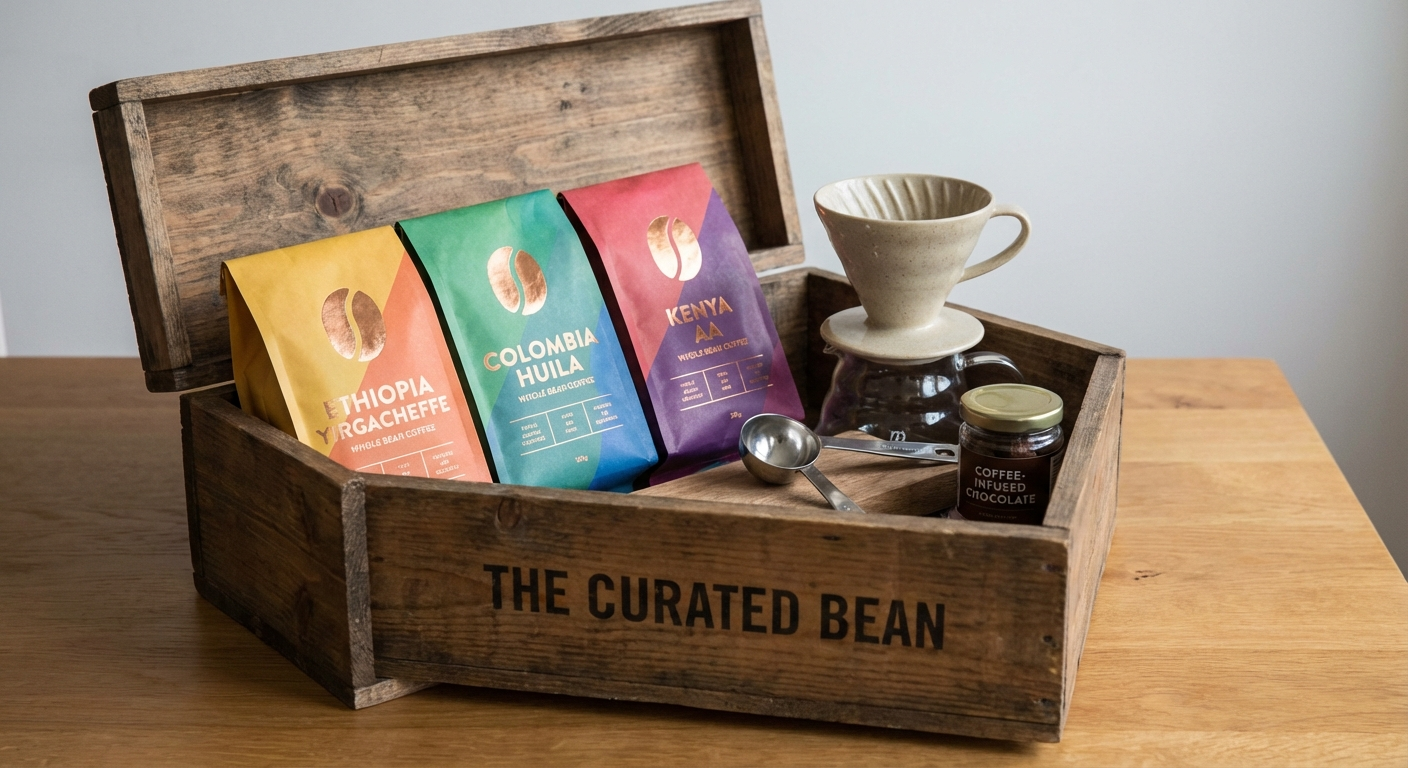 Lineup of coffee subscription boxes on a kitchen counter with freshly roasted beans