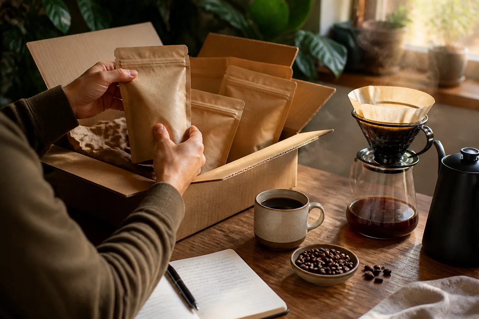 Coffee subscription delivery with fresh unbranded bean bags and tasting notes