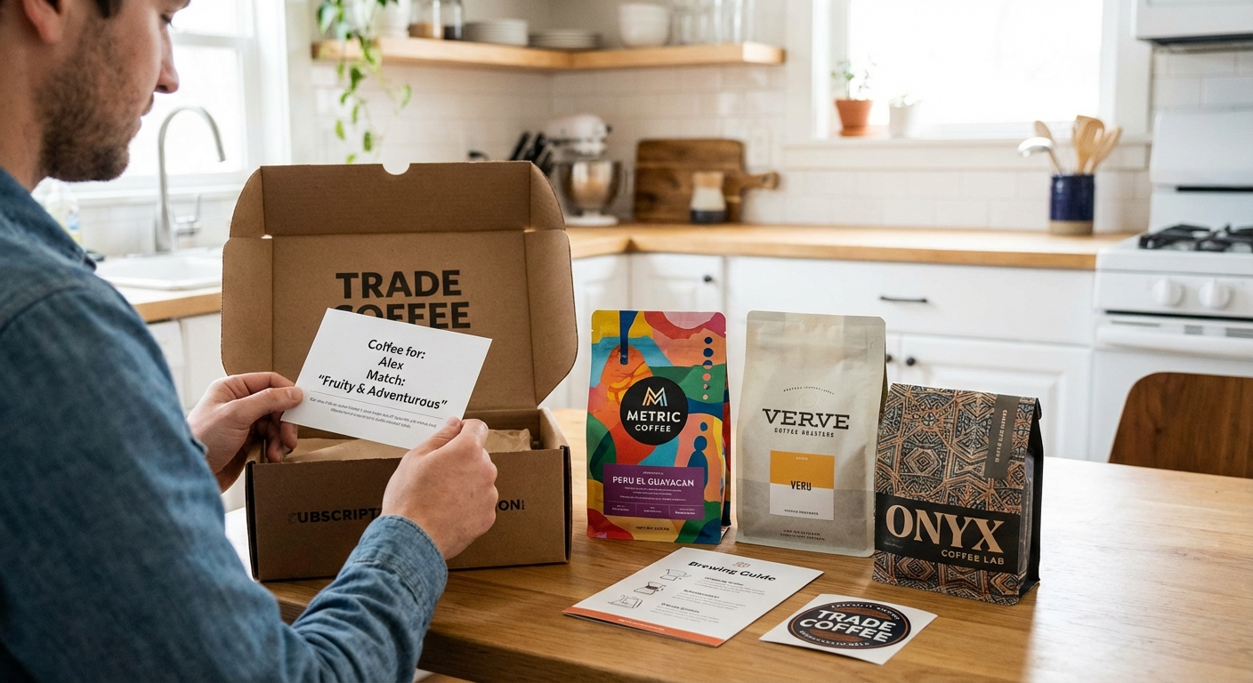 Trade Coffee subscription box opened with coffee bag and tasting card