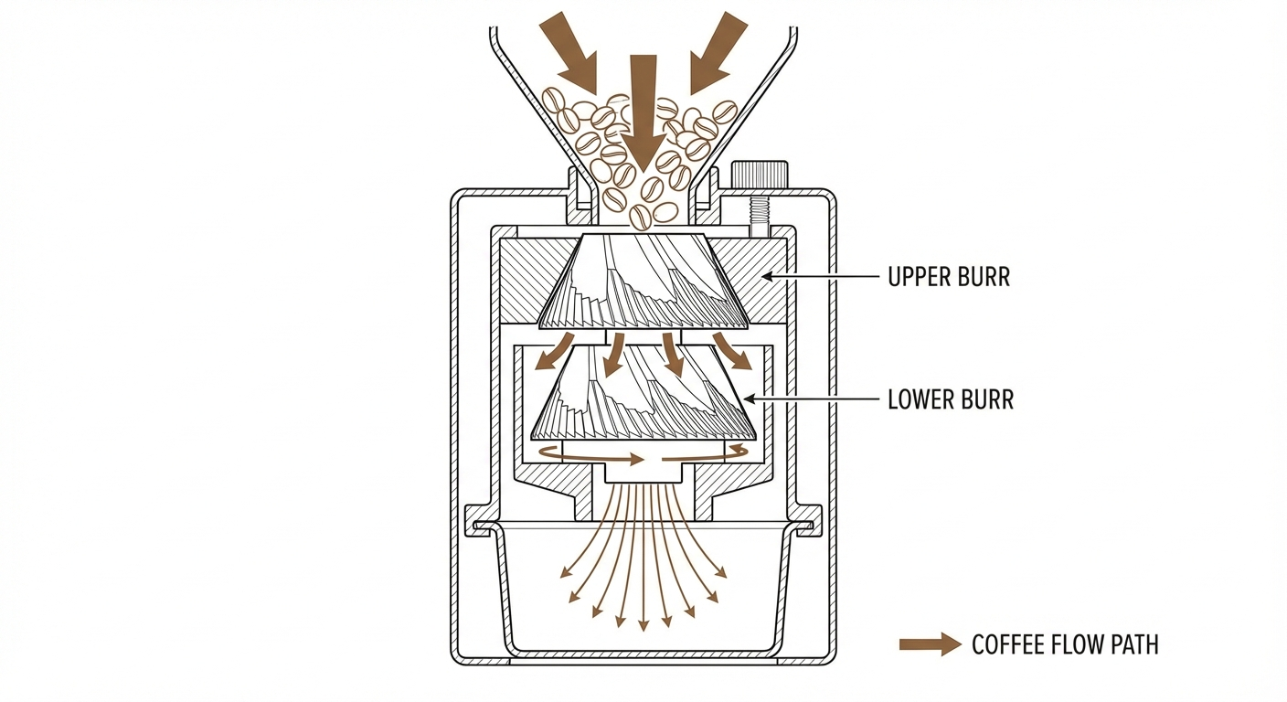 How a conical burr grinder works — cross-section showing upper and lower burr path