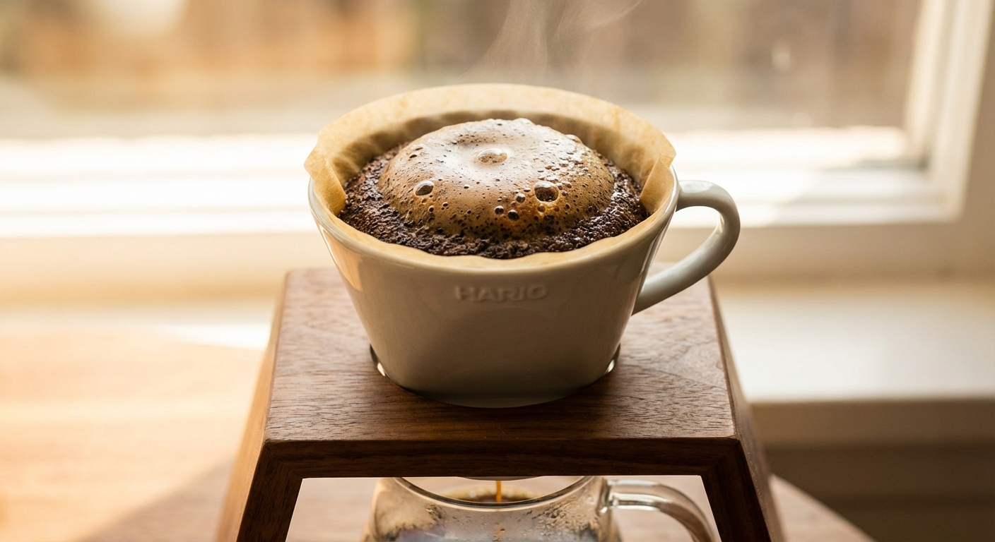 Coffee blooming in a Hario V60 — CO2 releasing from fresh grounds during the 45-second bloom