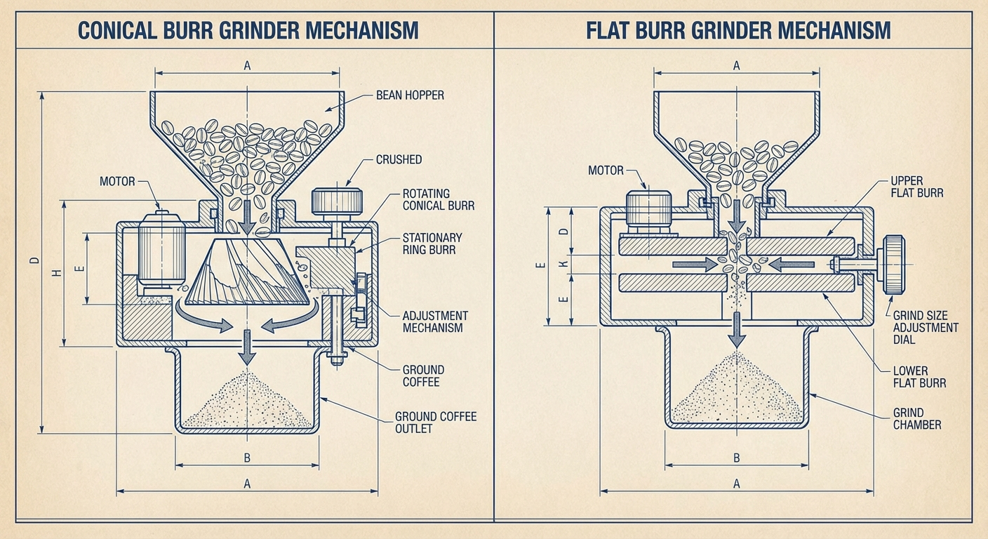 Diagram showing how conical burrs and flat burrs work differently