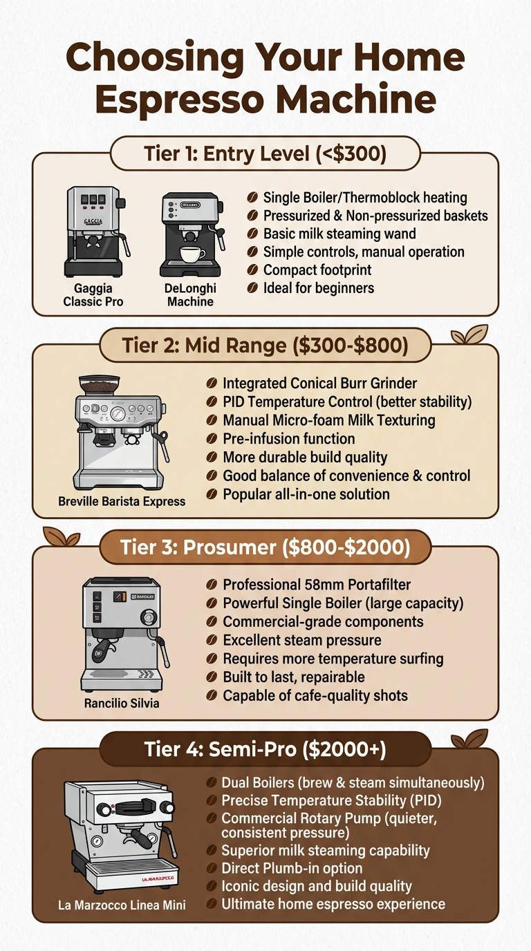 Infographic: Home espresso machine buying guide — four price tiers from entry level to prosumer with key features