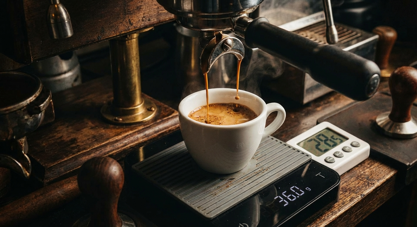 Espresso shot timing on scale — targeting 36g output in 25-30 seconds for ideal extraction