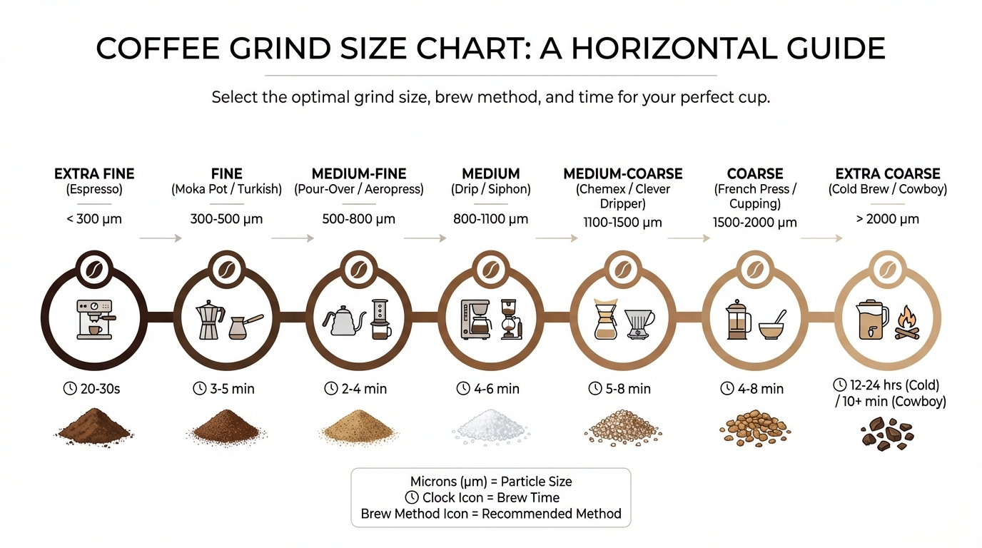 Coffee grind size chart: from extra fine espresso to extra coarse french press, with brew method and particle size for each setting