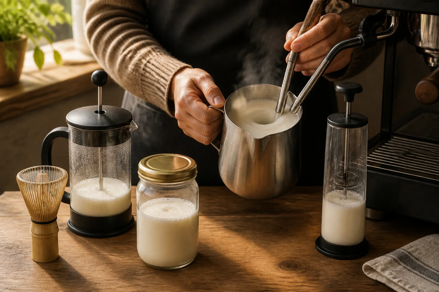 Manual and electric tools for frothing milk at home