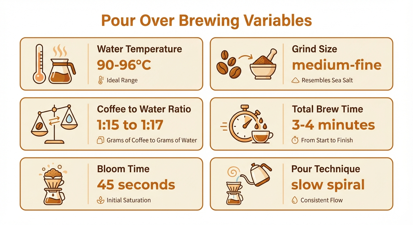 Pour over brewing variables: water temperature, grind size, ratio, bloom time and brew time guide