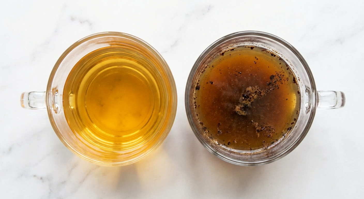Side-by-side comparison of pour over coffee (clear, golden) versus French press coffee (darker, cloudier) in glass mugs