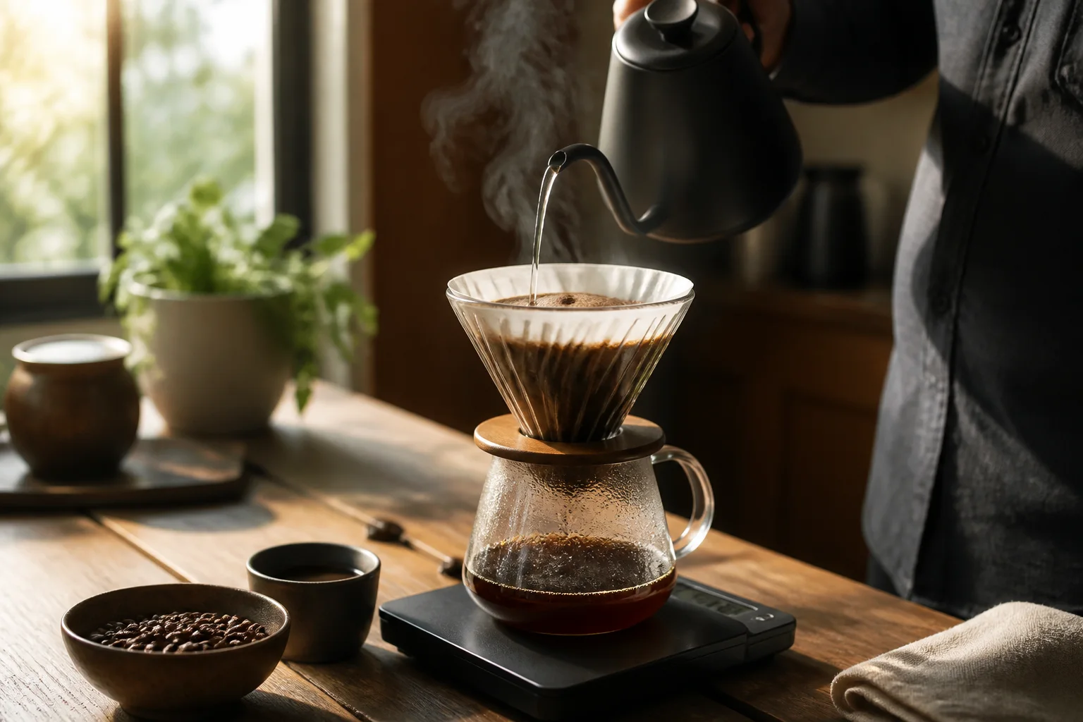 Gooseneck kettle pouring over blooming coffee grounds on a scale