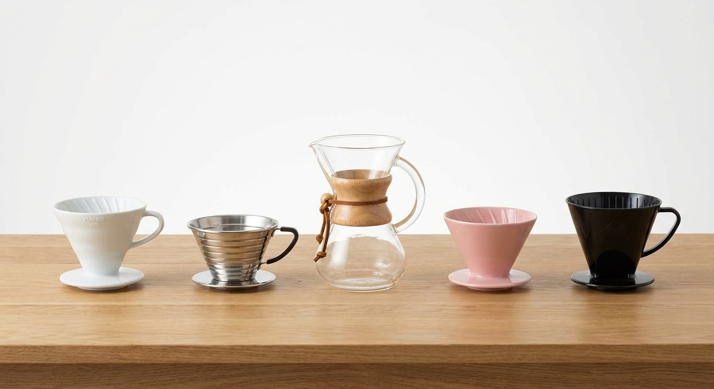 Five popular pour over drippers arranged side by side on a wooden table for comparison including Hario V60 Kalita Wave Chemex Origami and Melitta