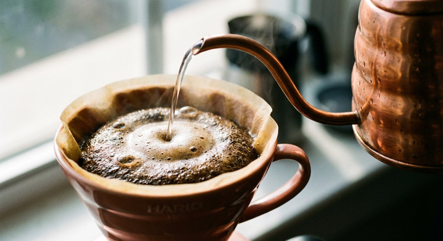 Close-up of a gooseneck kettle pouring water in a slow spiral over a bed of freshly ground coffee in a Hario V60 dripper