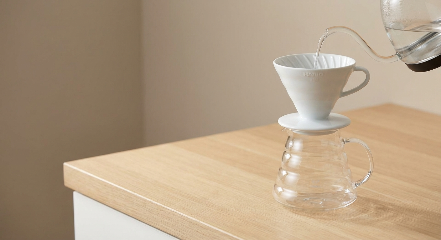 Hario V60 ceramic pour over dripper in white with spiral ridges visible inside the cone