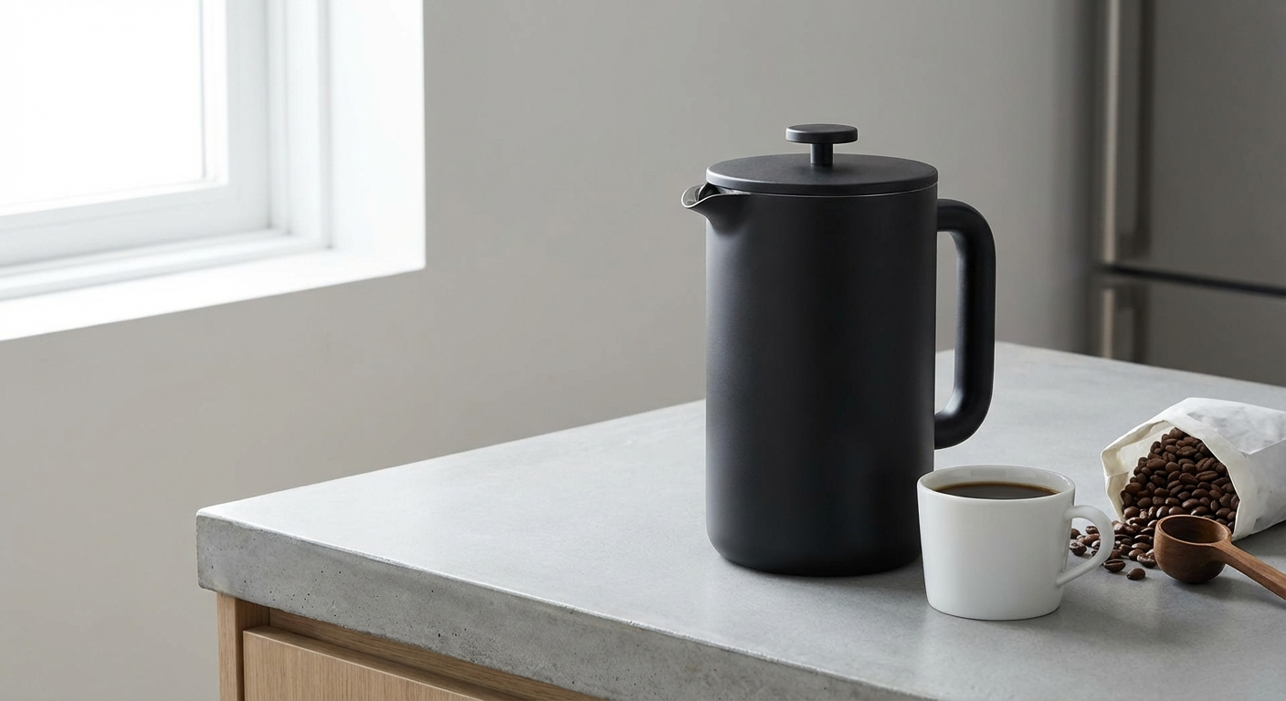 Mueller double-wall stainless steel French press with matte black finish on a kitchen counter