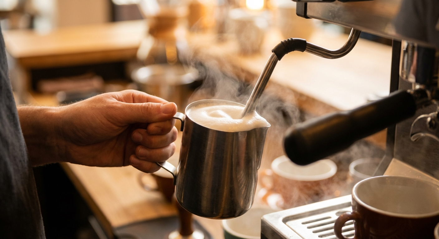 Steaming milk to perfect microfoam texture using an espresso machine steam wand