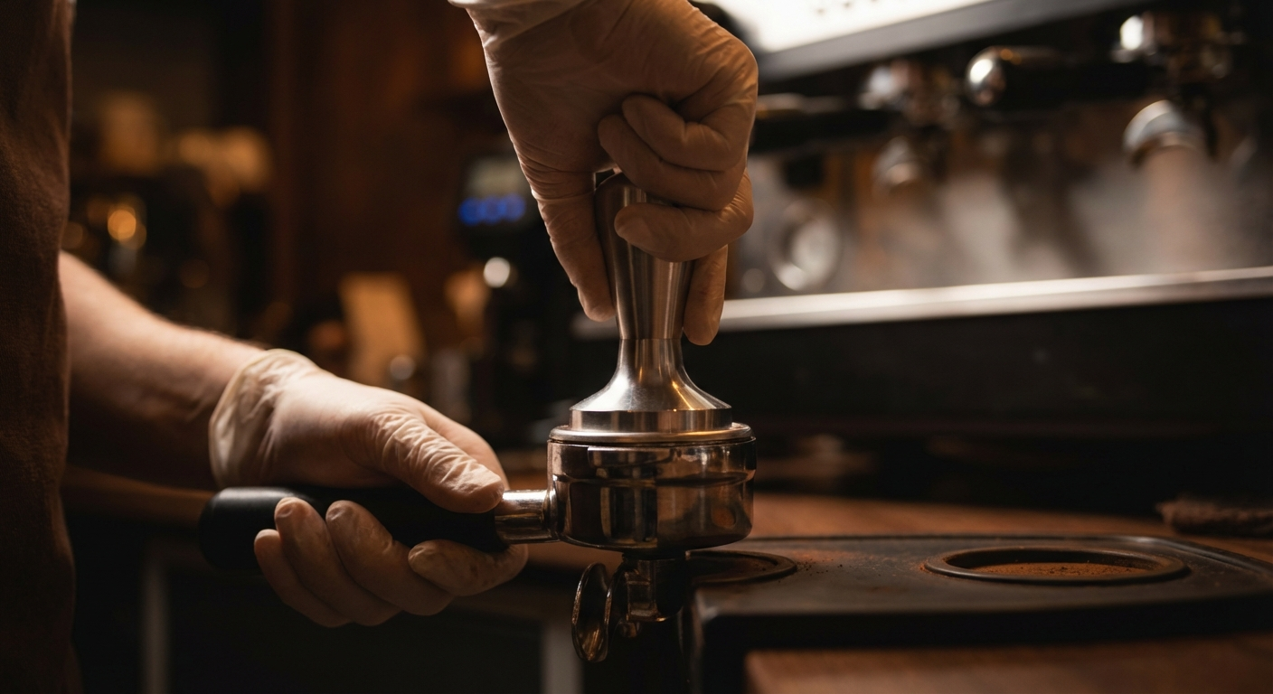 Proper tamping technique — applying 15kg even pressure to coffee grounds in a portafilter