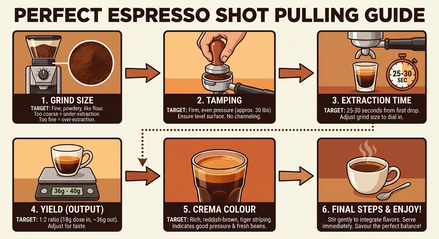 A cozy morning kitchen scene with a person smiling while pouring steamed milk into an espresso cup c