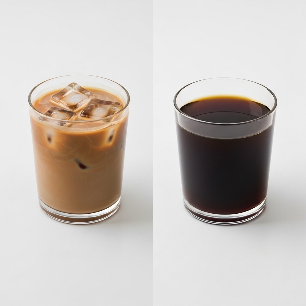 Side-by-side comparison of iced coffee and cold brew coffee in tall glasses showing the color and texture difference