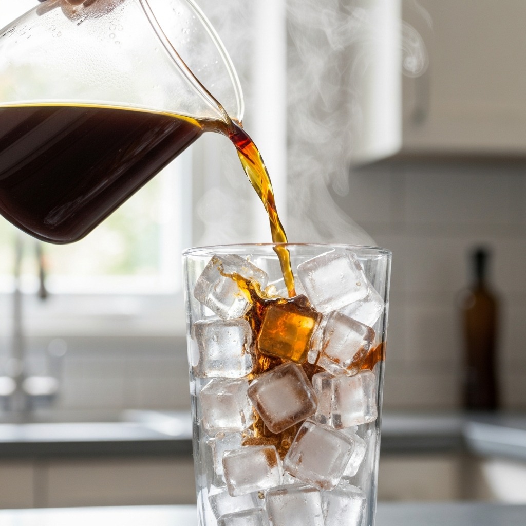 Hot coffee being poured from a carafe into a tall glass filled with ice cubes