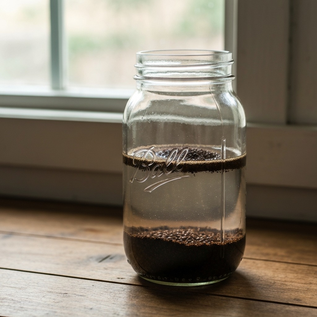 Coarse coffee grounds steeping in a glass jar of cold water on a kitchen counter