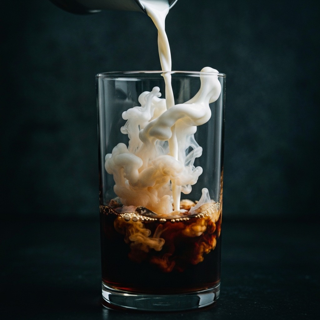 Creamy milk being poured into a glass of dark cold brew coffee