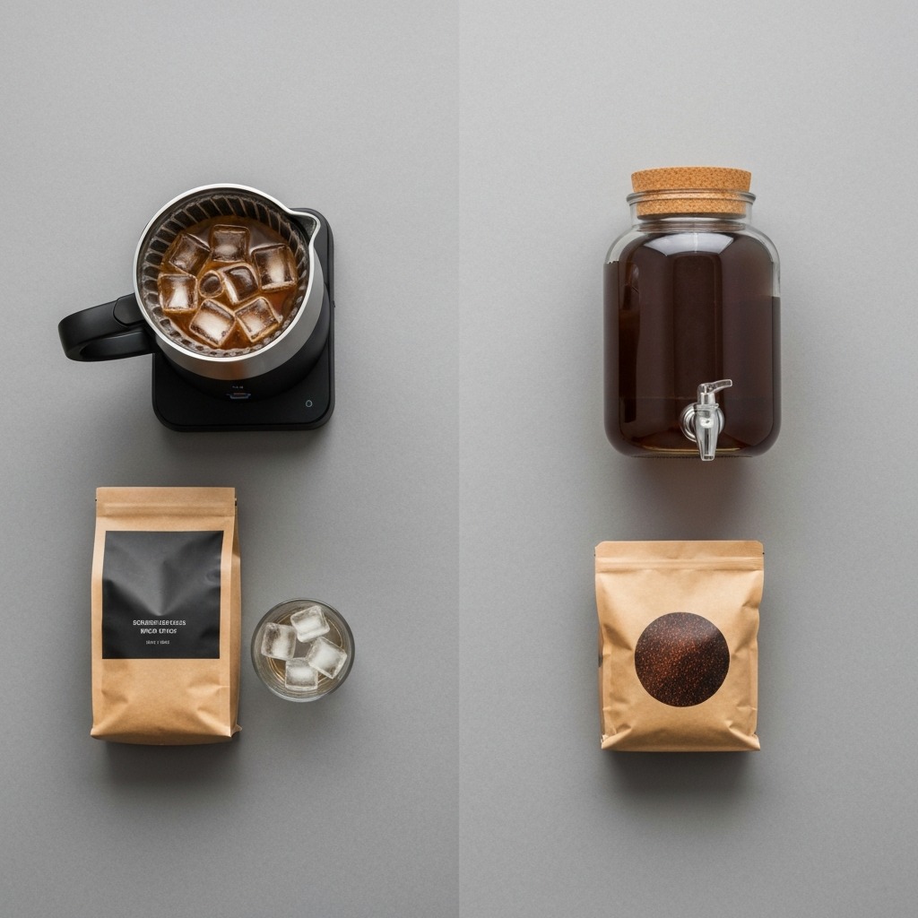 Flat lay of equipment for making iced coffee and cold brew at home