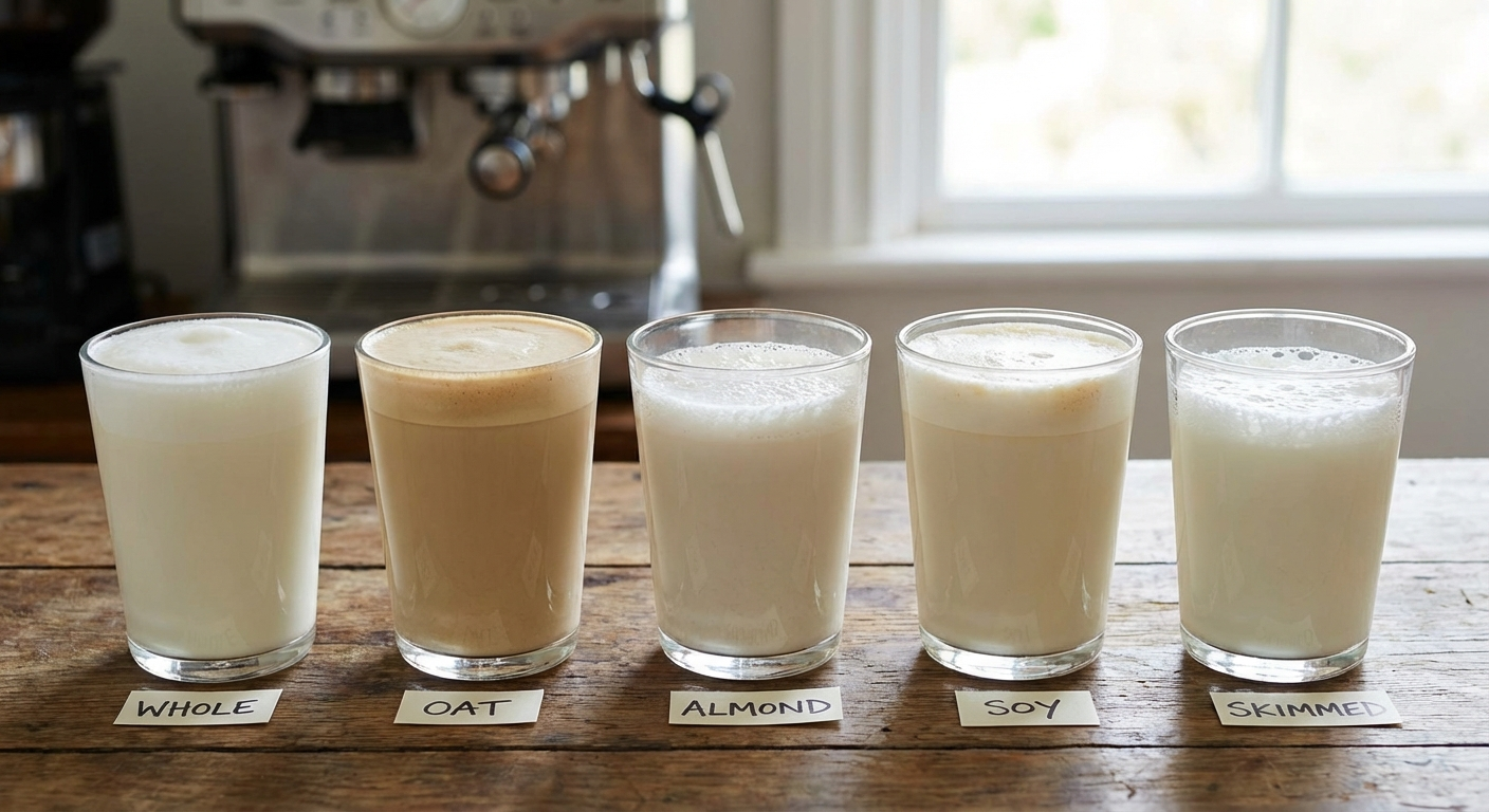 Side-by-side comparison of foam quality from whole milk, oat milk, and almond milk in clear glasses