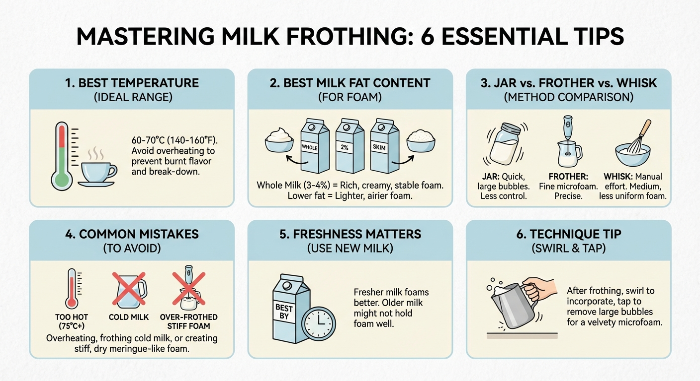 Infographic summarising the six most important milk frothing tips including temperature ranges, milk types and method comparison