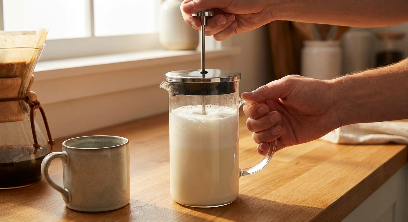 A French press being used to froth milk with the plunger being pumped up and down