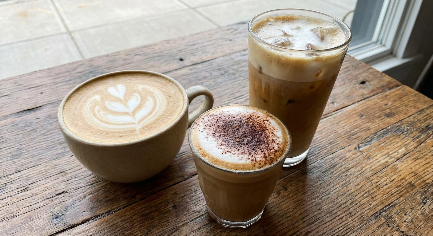 Three finished coffee drinks side by side: a latte, a cappuccino with cocoa, and an iced oat milk latte