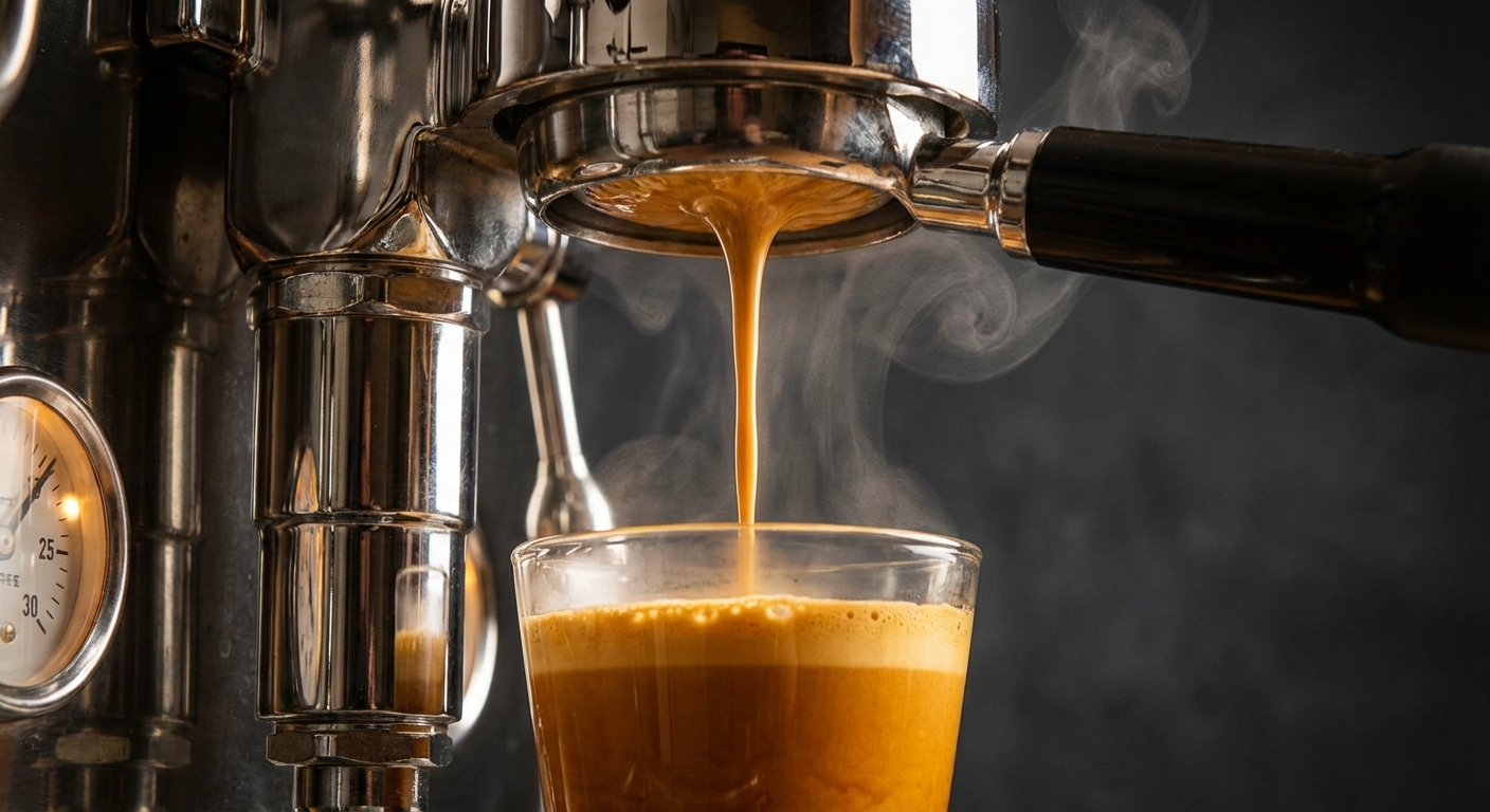 Close-up of espresso being extracted from a bottomless portafilter into a white ceramic cup on a scale showing rich tiger-striping crema