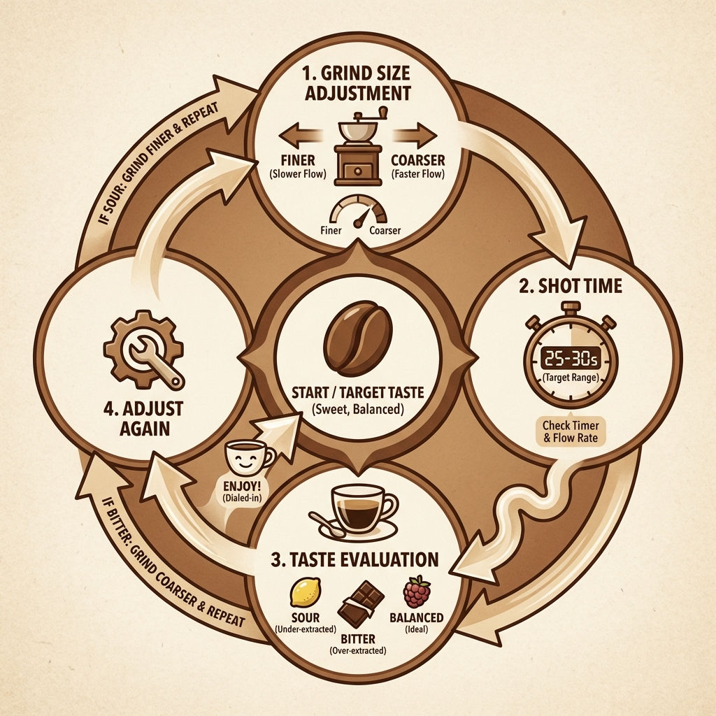 Overhead photo of three small espresso cups in a row showing progressively better extraction, with a notebook of handwritten notes beside them
