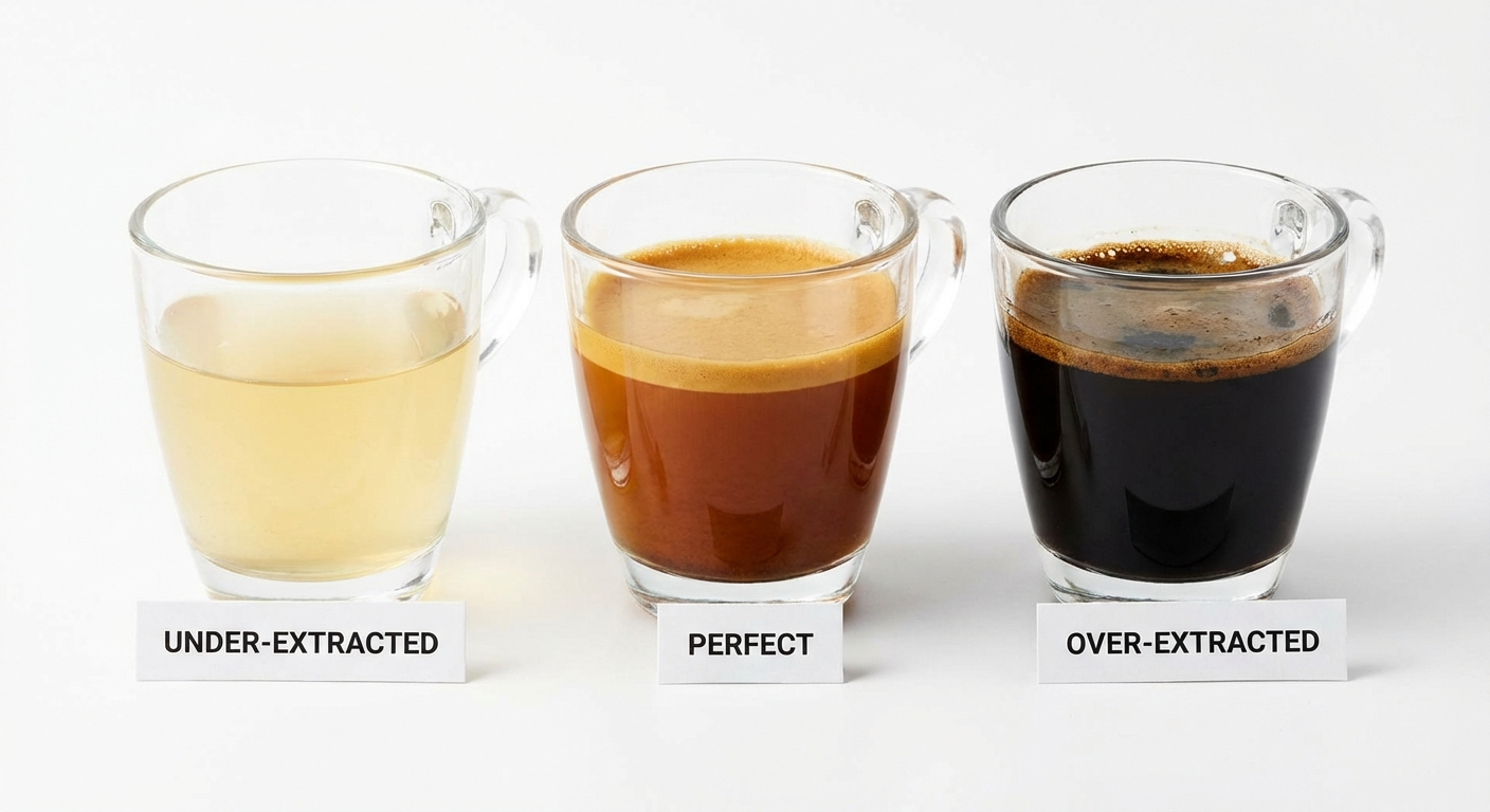 Step-by-step sequence of espresso puck preparation: grinding into portafilter, using WDT tool, leveling, and tamping with calibrated tamper