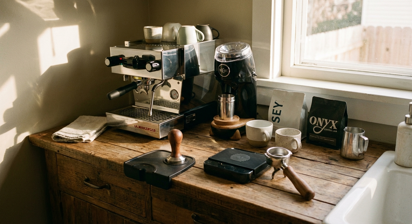 Side-by-side photo of a straight espresso shot in a demitasse and a latte in a clear glass showing distinct layers