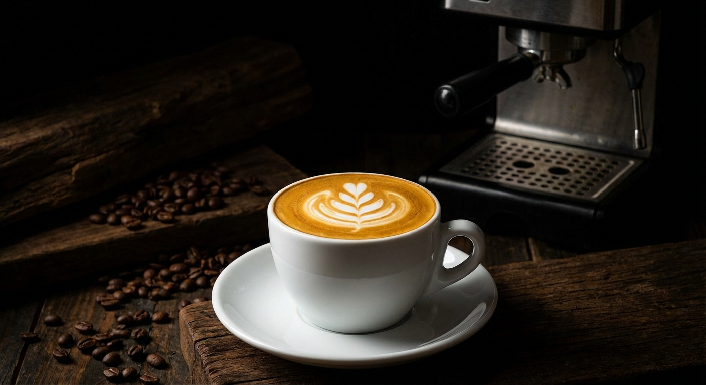 Perfect espresso in a white ceramic cup on saucer, golden crema