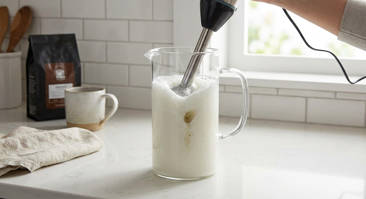 An immersion blender submerged in hot milk in a tall jug, creating dense microfoam