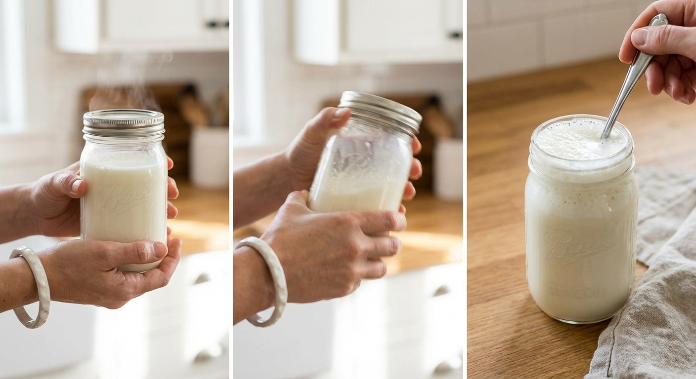 Person shaking a sealed mason jar filled with milk for the shake frothing method
