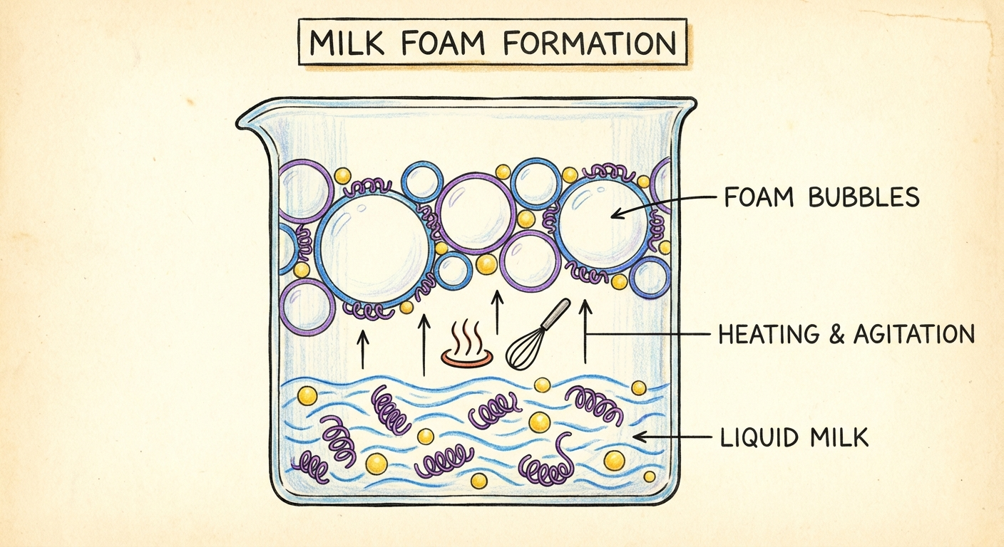 Diagram showing milk protein molecules forming around air bubbles during frothing