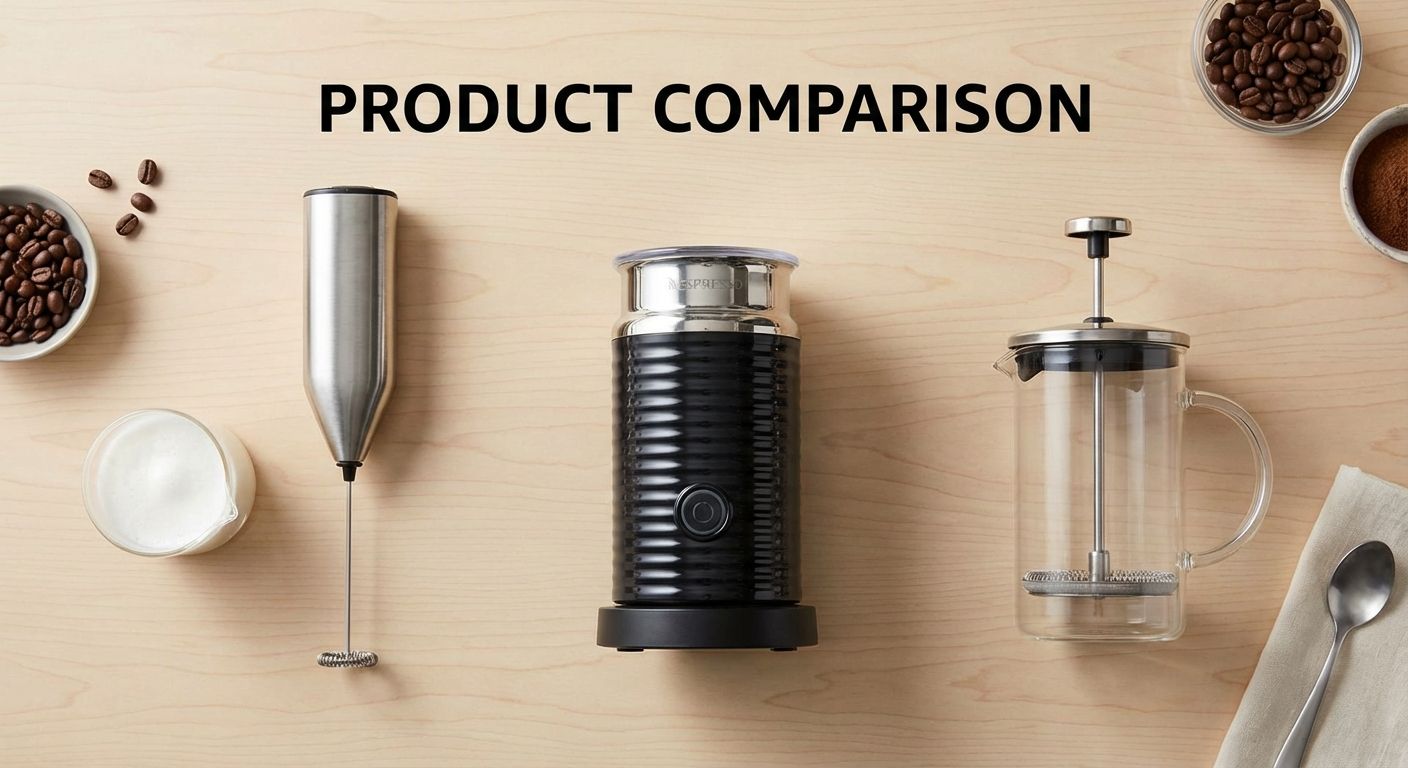 Lineup of six milk frothers from handheld wands to electric jugs on a kitchen counter