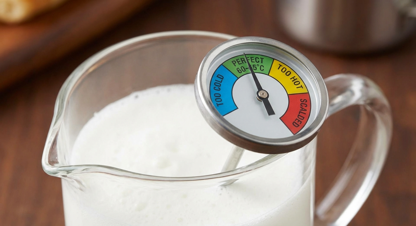 An instant-read thermometer in a small jug of milk showing the ideal frothing temperature range