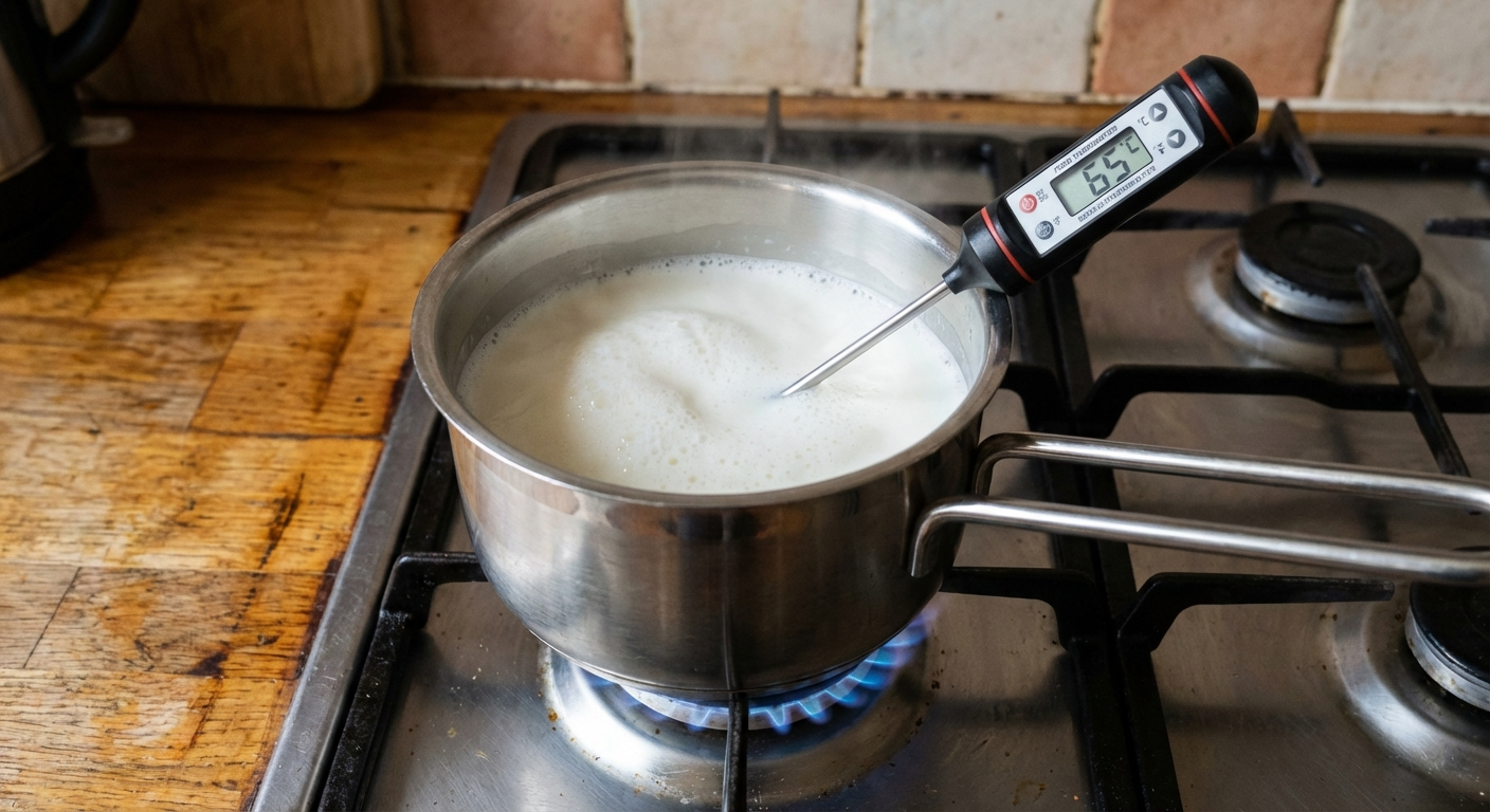 Milk being heated in a small saucepan with light froth forming on the surface