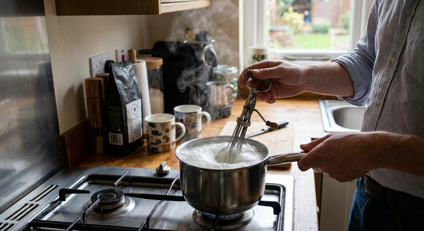A wire balloon whisk frothing milk in a small saucepan on a gas stovetop