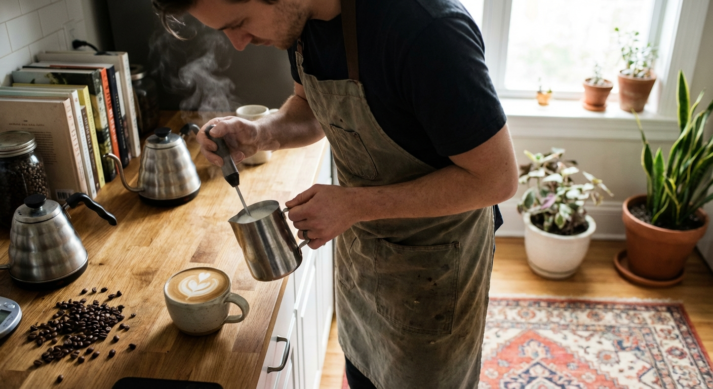 A cup of homemade latte with thick milk foam on a wooden kitchen counter